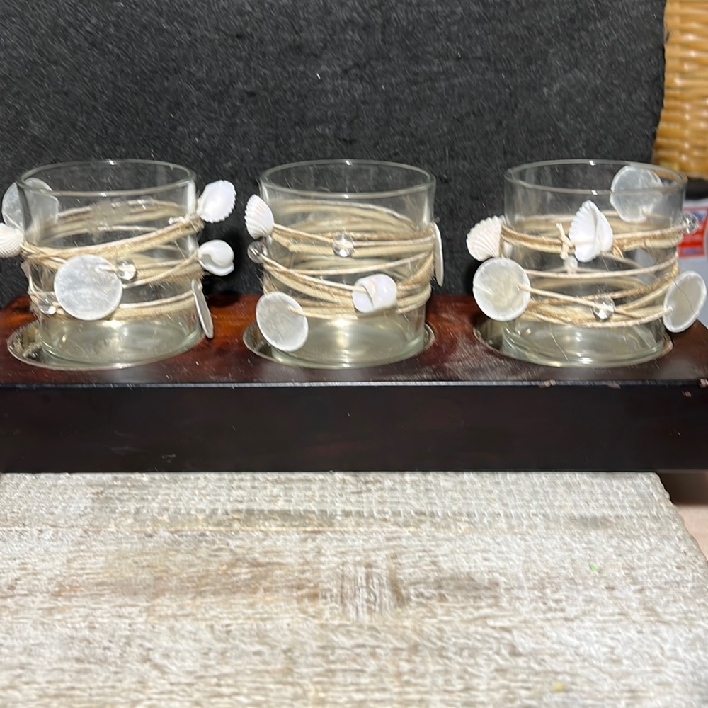 CAPIZ TEALIGHT CENTERPIECE Shell Tealight Candle Glass Holder Set of 3 WOOD BASE